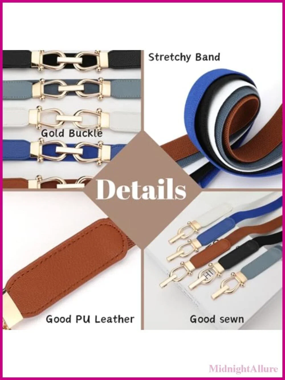 XEF Elastic Stretch Waist Belt Faux Leather Gold Buckle for Dress Jeans Pants